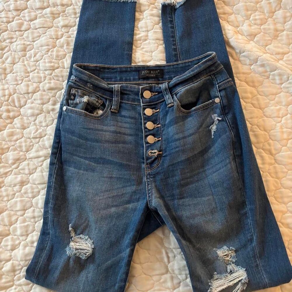 Judy Blue High-Waisted Blue Skinny Jeans W/ Button Fly and Distressed Size 25